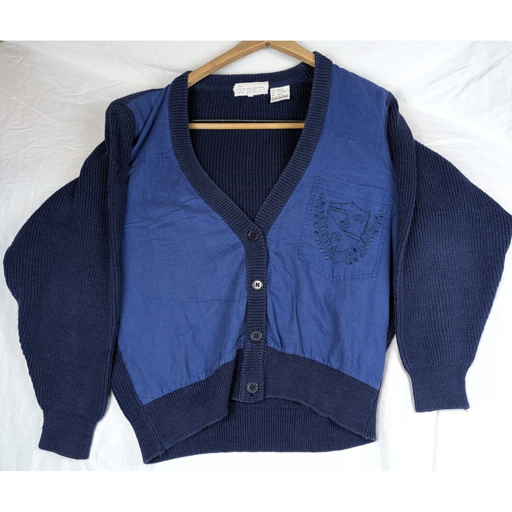 Shartex VTG Blue Chunky Knit Crest Cardigan Sweater Mens M Ramie Cotton